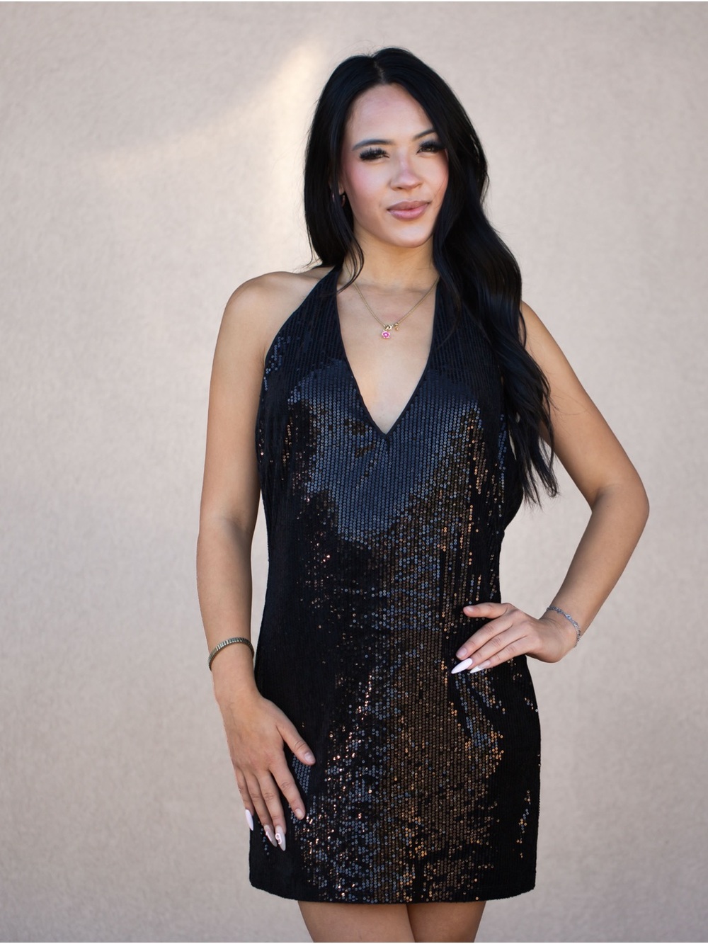 Black Sequin Halter V-Neck Mini Dress
